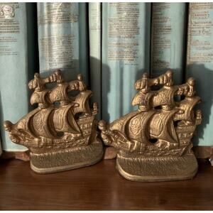 ANTIQUE CAST IRON SHIP BOOKENDS SET Marked 501 GOLD 4” Spelter Sailing 1912-28